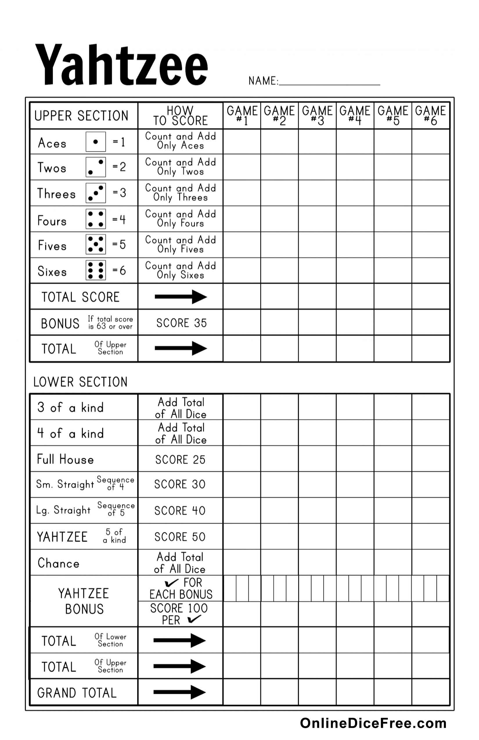 printable yatzee card